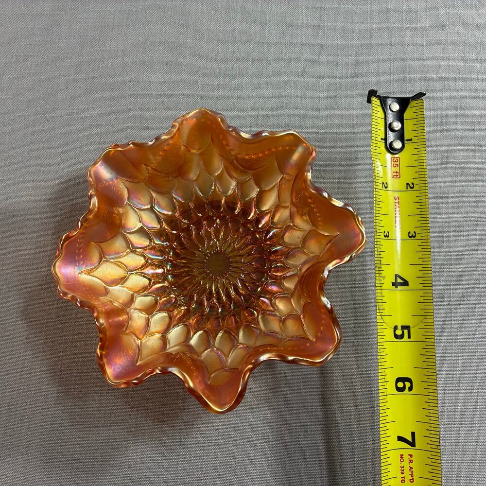 Vintage Marigold Carnival Glass Ruffled Bowl Petal Pattern 6.5 Inch - Picture 10 of 11